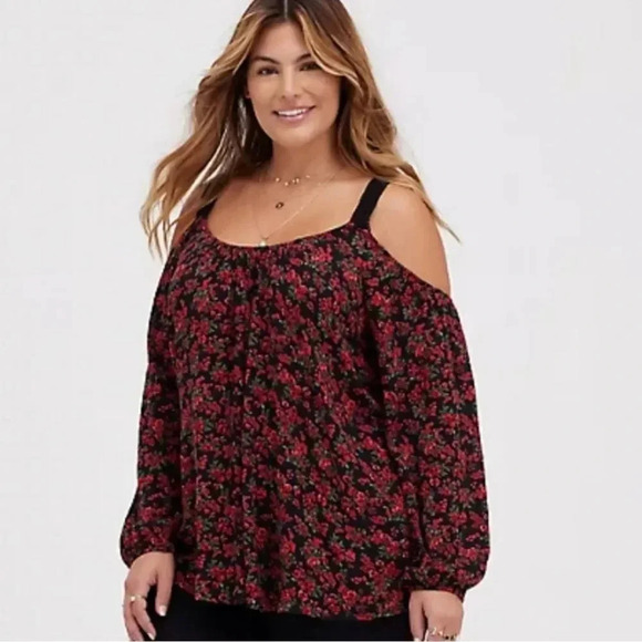 TORRID COLD SHOULDER BLOUSE - CRINKLE GAUZE FLORAL RED & BLACK Sz 1X - Picture 1 of 16